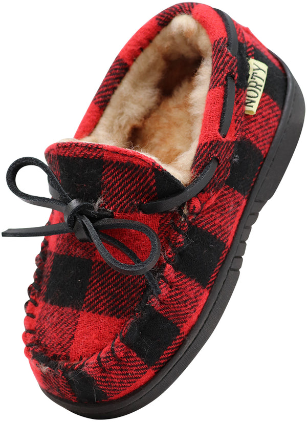 NORTY Toddler Boys Girls Unisex Fleece Plaid Moccasin Slip-on Slipper - Runs 2 Sizes Small