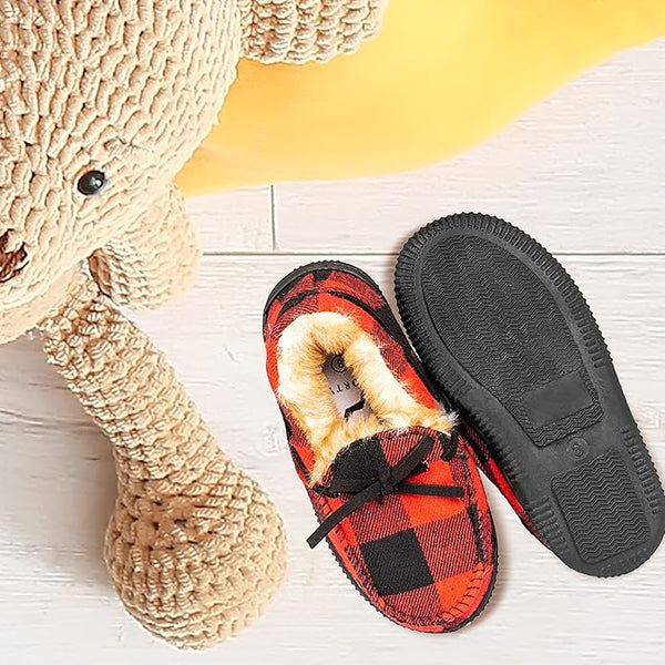 NORTY Boys Girls Kids Unisex Fleece Plaid Moccasin Slip-on Slipper - Runs 2 Sizes Small