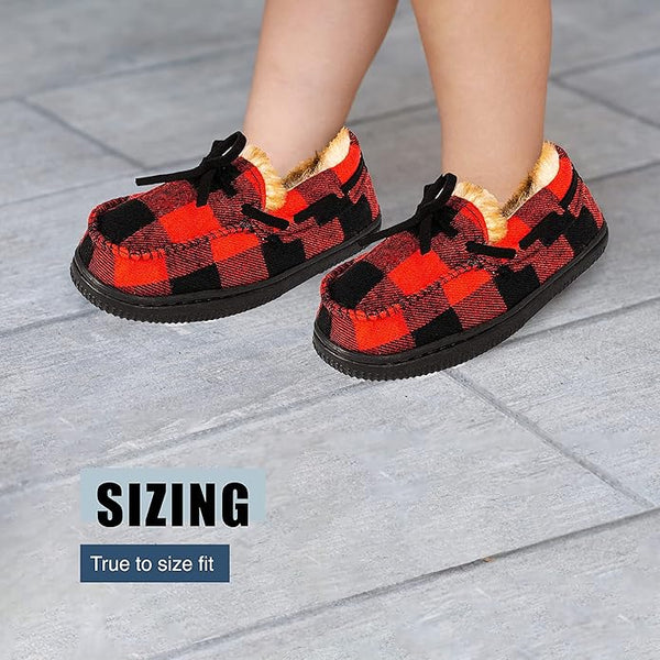 NORTY Boys Girls Kids Unisex Fleece Plaid Moccasin Slip-on Slipper - Runs 2 Sizes Small