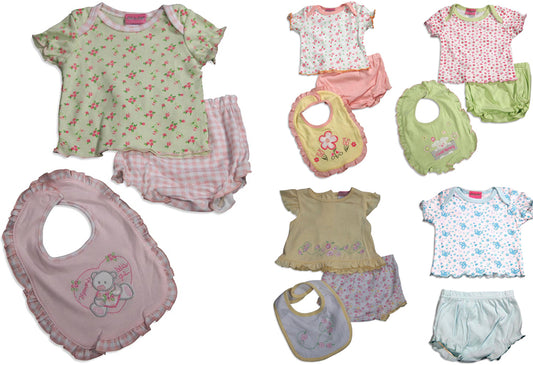 Little by Little Baby Newborn Girls Short Sleeve Print Diaper Bib Shirt Sets