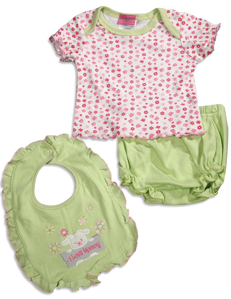 Little by Little Baby Newborn Girls Short Sleeve Print Diaper Bib Shirt Sets