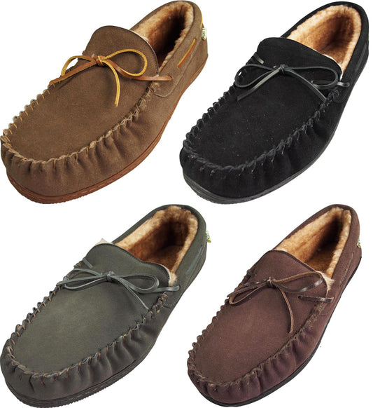 Norty Mens Genuine Leather Cowhide Suede Slippers - Moccasin Slip On Loafer