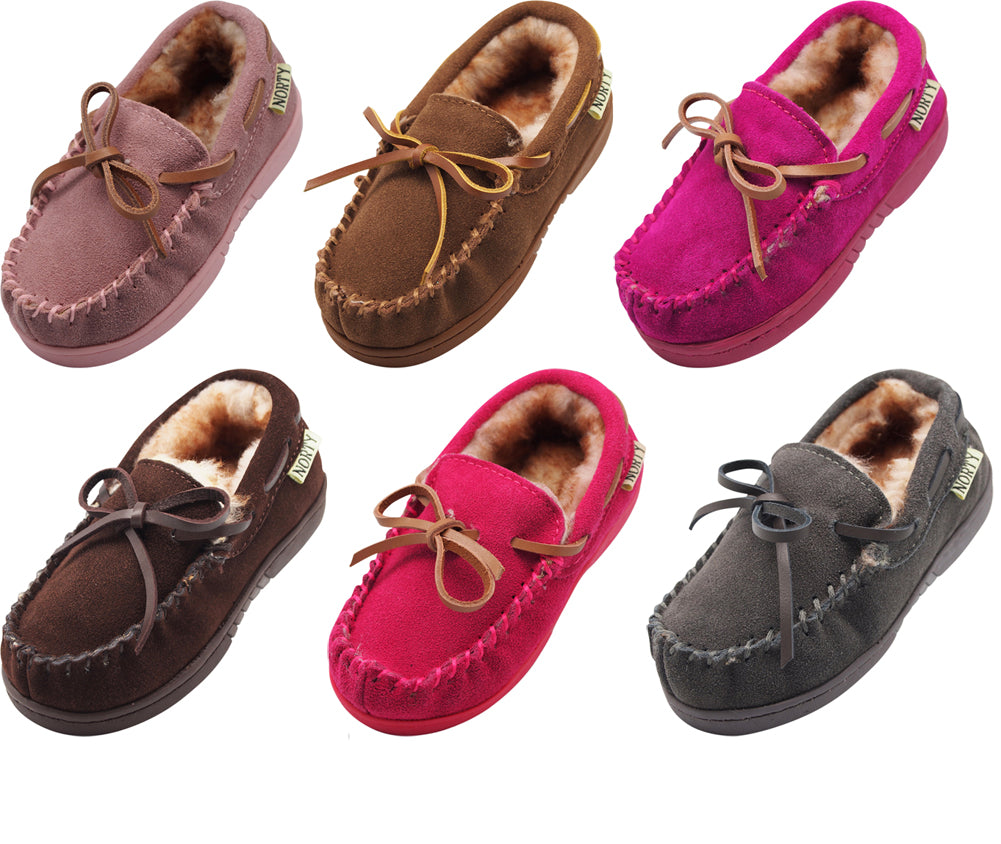 NORTY Little and Big Kids Boys Girls Unisex Suede Leather Moccasin Slip On Slippers - Runs 2 Sizes Small