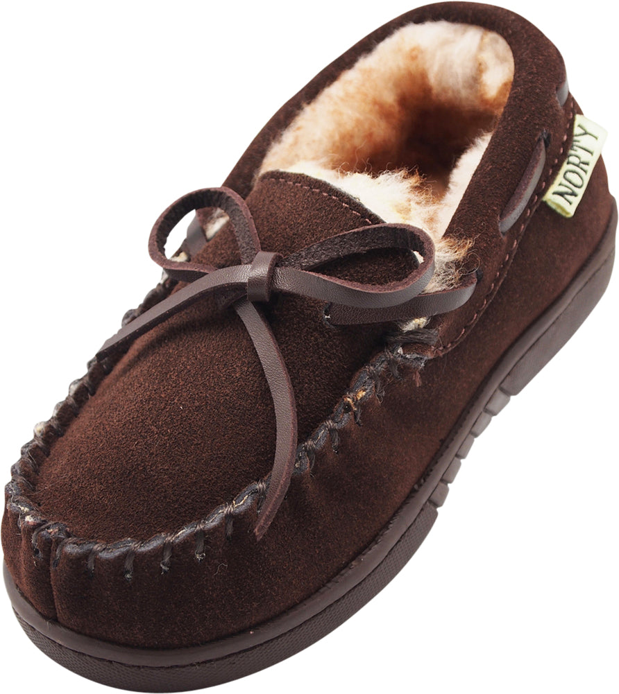 NORTY Little and Big Kids Boys Girls Unisex Suede Leather Moccasin Slip On Slippers - Runs 2 Sizes Small