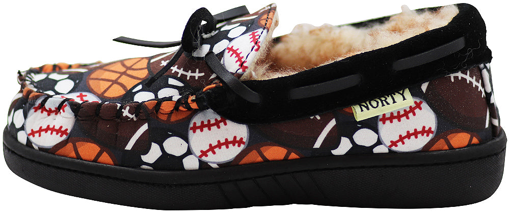 NORTY Toddler Boys Girls Fabric Printed Suede Trim Moccasin Slippers - Runs 2 Sizes Small