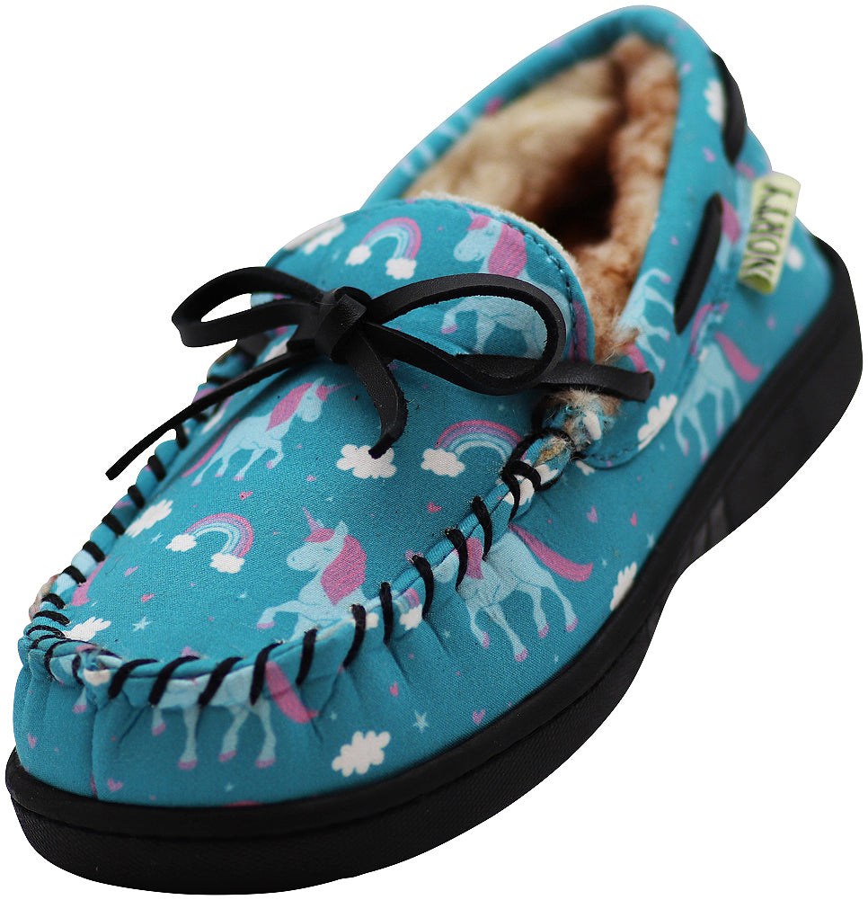 NORTY Toddler Boys Girls Fabric Printed Suede Trim Moccasin Slippers - Runs 2 Sizes Small