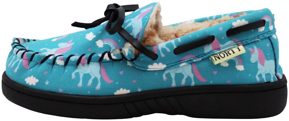 NORTY Toddler Boys Girls Fabric Printed Suede Trim Moccasin Slippers - Runs 2 Sizes Small